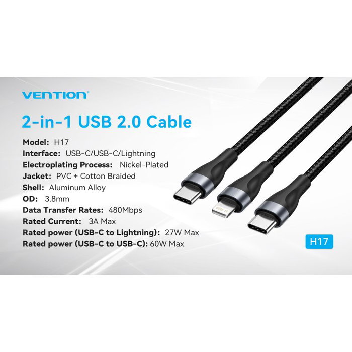 Vention Cable USB tipo-C a Lightning H17BAV 60W 1.2m Negro